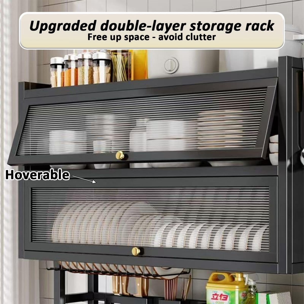 4-Tier Over the Sink Dish Drying Rack with Cover, 33.5" Large Dish Rack with Storage Basket, Knife & Cutting Board Holders