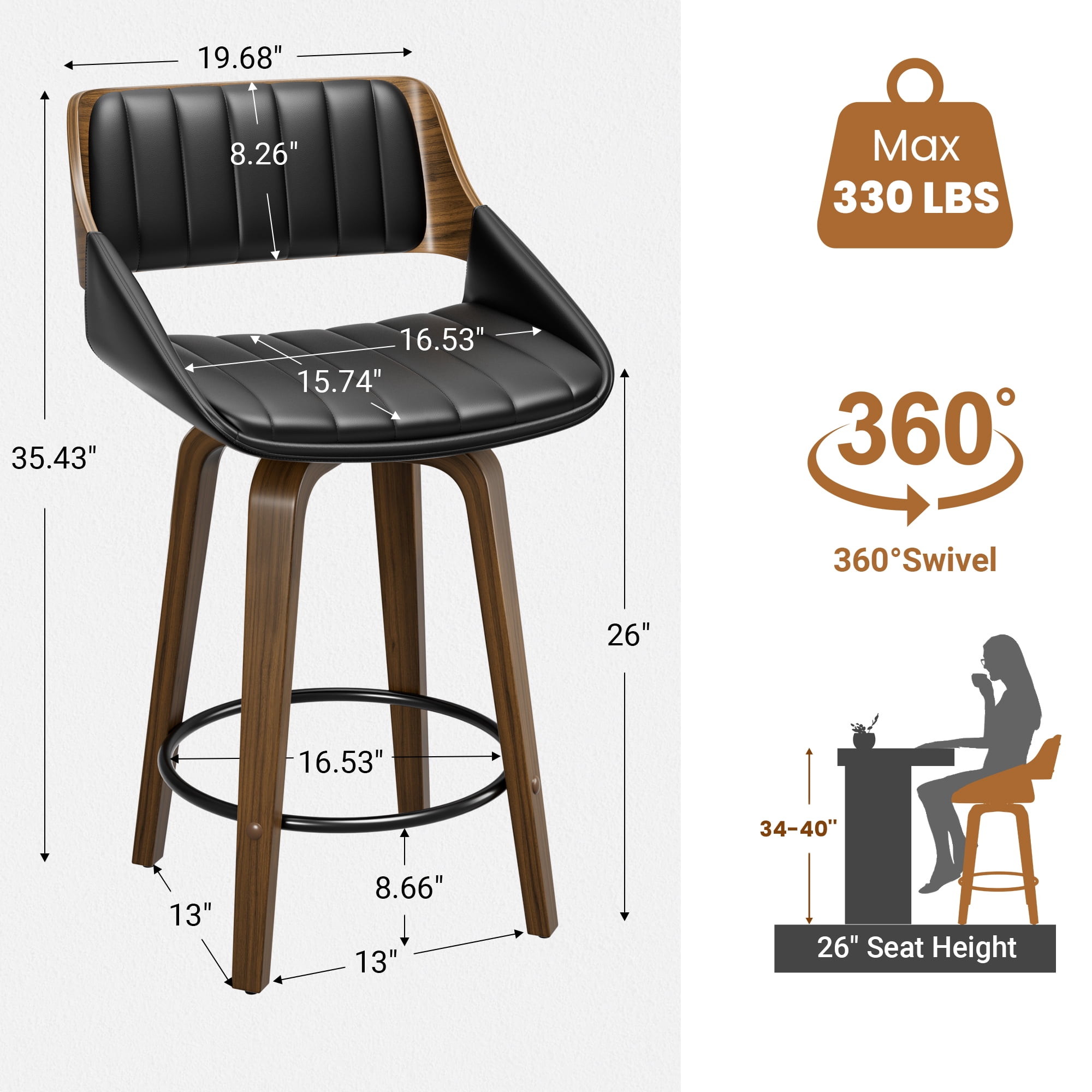 LainTene 26" Swivel Counter Height Bar Stool with Walnut Bentwood Frame, Faux Leather Seat & Footrest, Mid-Century Modern Chair for Kitchen Island, Bar, or Café (Set of 3)