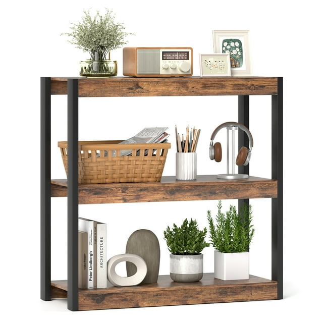 Gymax 3 Tier Bookshelf Wooden Bookcase w/ Dual Anti-Tipping Kits Open Shelving Unit Rustic Brown & Black