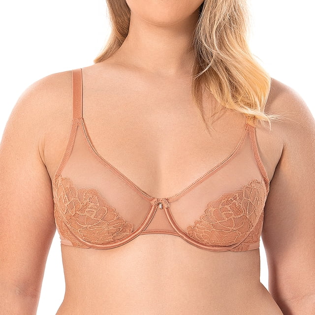 Wingslove Women's Sheer Lace Bra Minimizer See Through Unlined Full Coverage Bras, Pink Brown, 36C