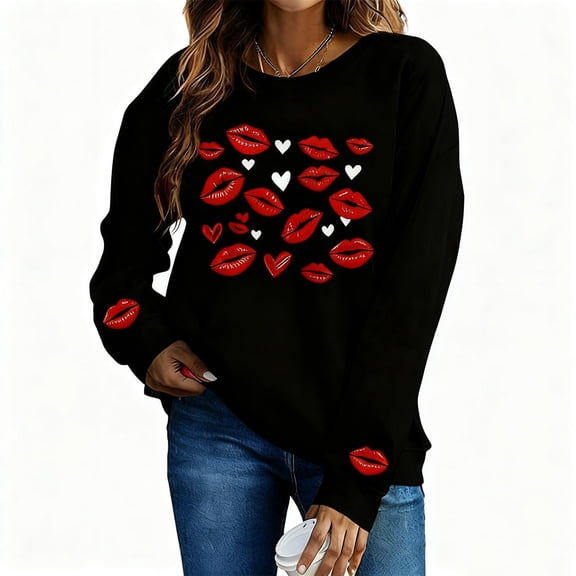 Valentine's Day Sweatshirt for Women Black Oversized Kiss Lips & Hearts Print Crewneck Casual Loungewear Gift for Her,Size 2XL