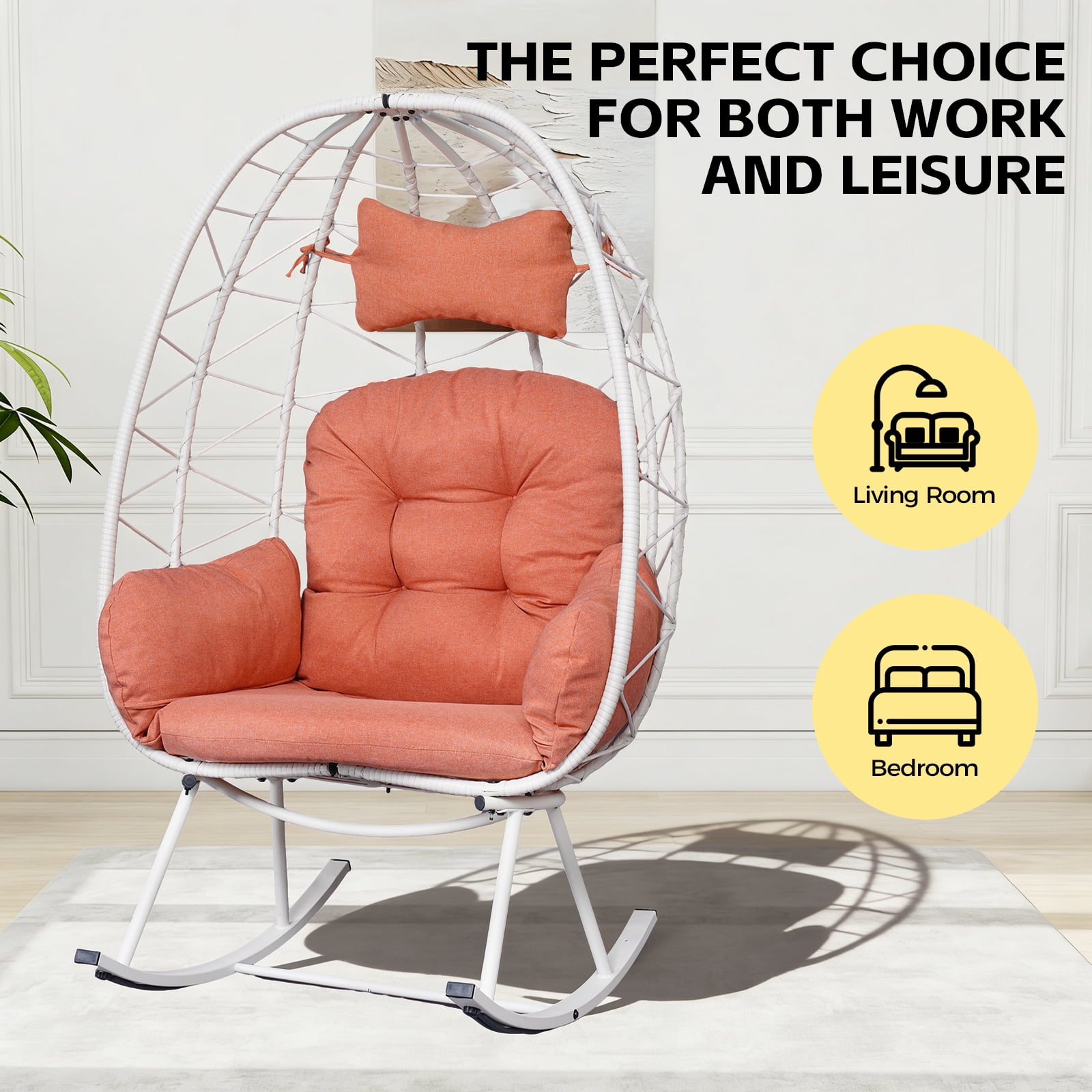 Foldable PE Wicker Egg Rocking Chair 330LBS, Cocoon Lounge Rocker with Thick Cushion & Pillow, Weather Resistant Rattan Single Chair for Patio Balcony Bedroom Living Room