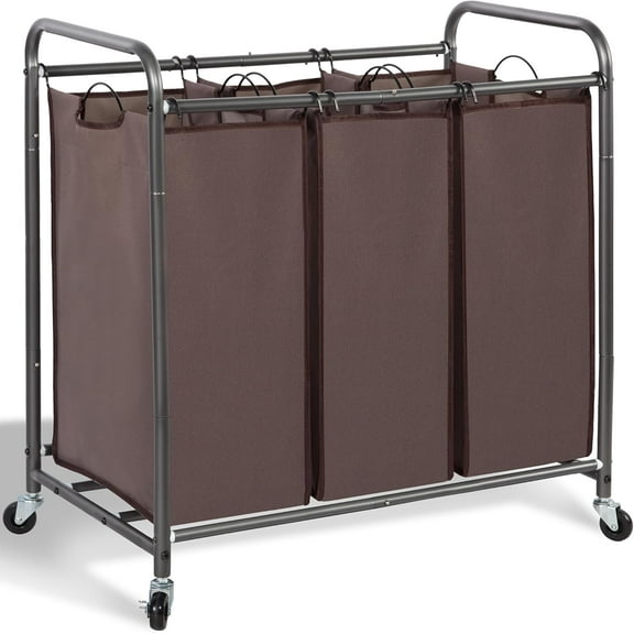 3 Section Laundry Sorter, 35.9 Gal (136 L) Laundry Hamper Cart with Heavy Duty Rolling Lockable Wheels and Removable Bags, Clothes Organizer Basket Clothes Separator Hamper, Brown