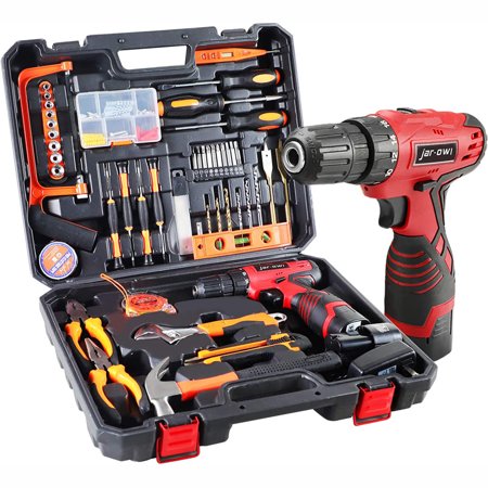 108 Piece Power Tool Combo Kits With 16.8V Cordless Drill, Household Tools Set With Diy Hand Tool Kits For Professional Garden Office Home Repair Maintain-Black/Red