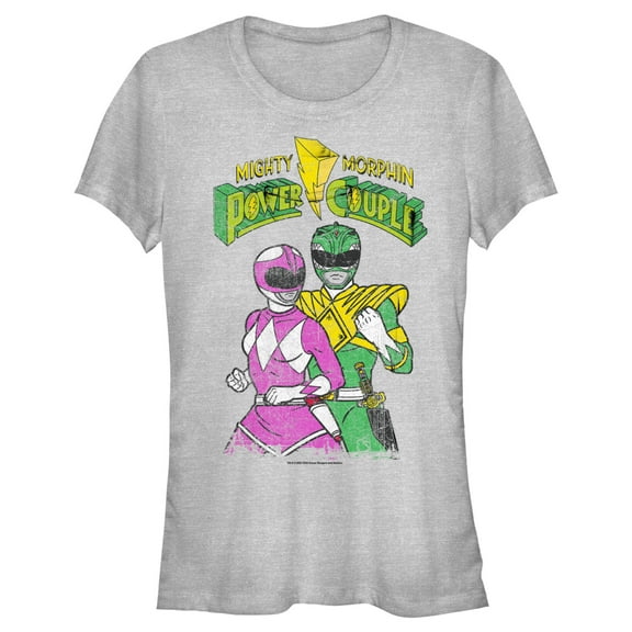 Junior's Power Rangers Mighty Morphin Power Couple  Graphic Tee Athletic Heather 2X Large