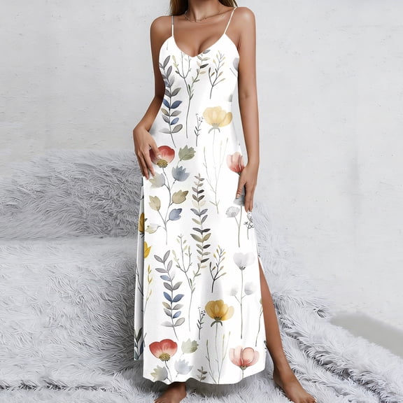 Mceream Boho Dresses for Women Plus Size 2026 Casual A Line Spaghetti Strap V Neck Maxi Sundress Side Split Silk Floral Graphic Dresses Beach Vacation Clothes Multicolor XL