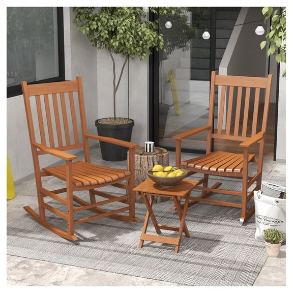 Outdoor Rocking Chairs Set of 2 with Table, Teak Wood Patio Rockers, High Back, Smooth Armrests, Garden Furniture for Porch, Balcony, 352 lbs Capacity