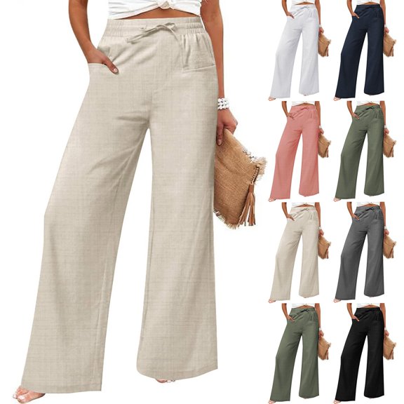 Manxivoo Women's Casual Cotton And Linen Wide Leg Pants With Pockets Boho Palazzo High Waisted Trousers