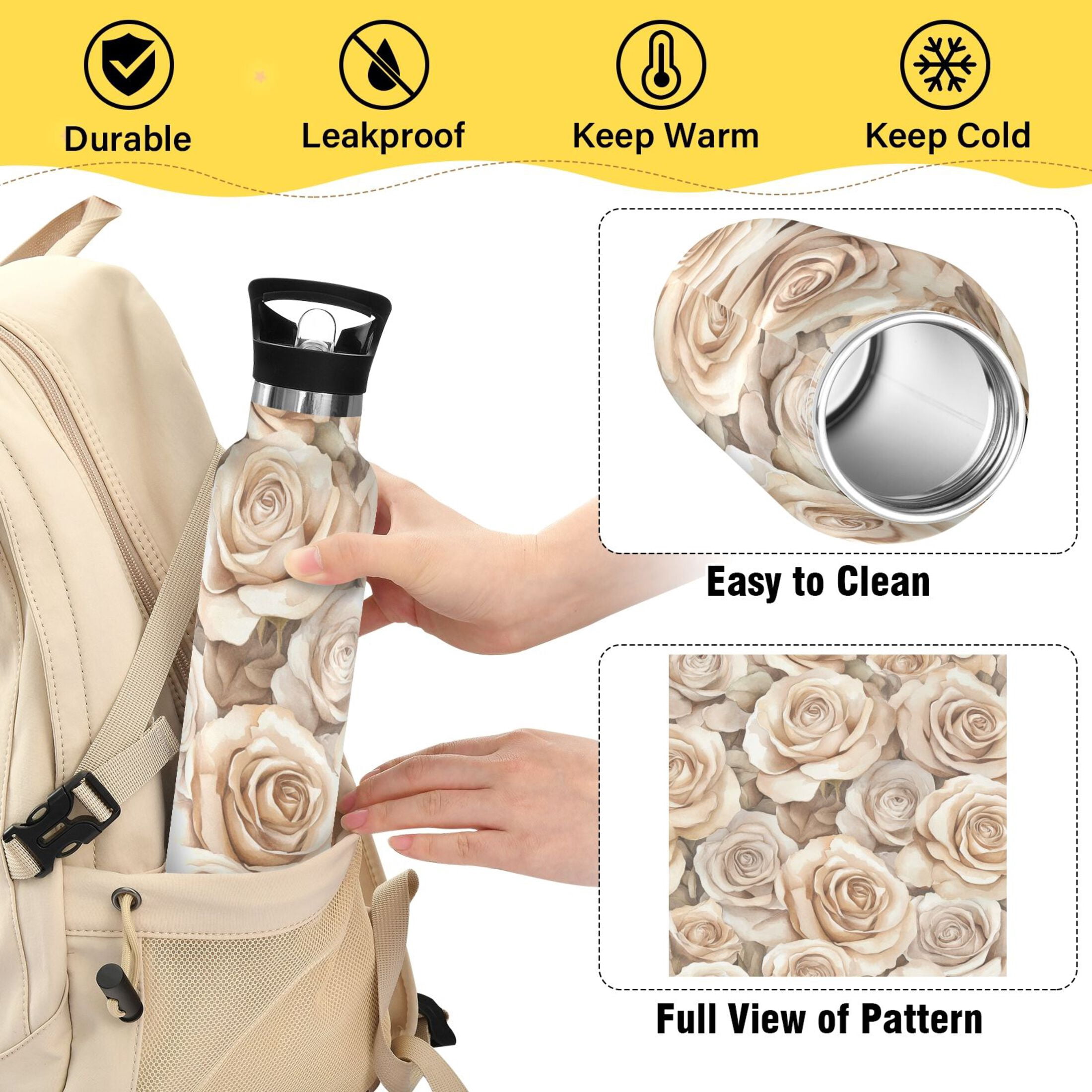 600ML Stainless Steel Insulated Cup Sports Water Bottle Portable Thermos Cup Water Glasses Insulated Tumblers Convenient and Durable Cartoon Beige Roses