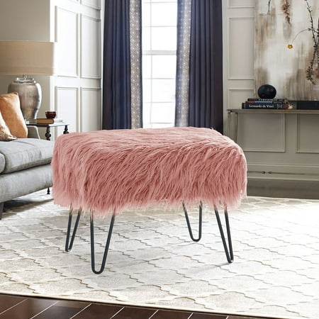 Home Soft Things Mongolian Fur Ottoman - Coral Pink - 19 x 13 x 17