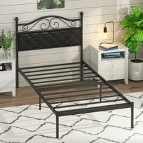 Yoneston Twin Size Upholstered Headboard Metal Platform Bed Frame for Kids Teens Bedroom Furniture, Black