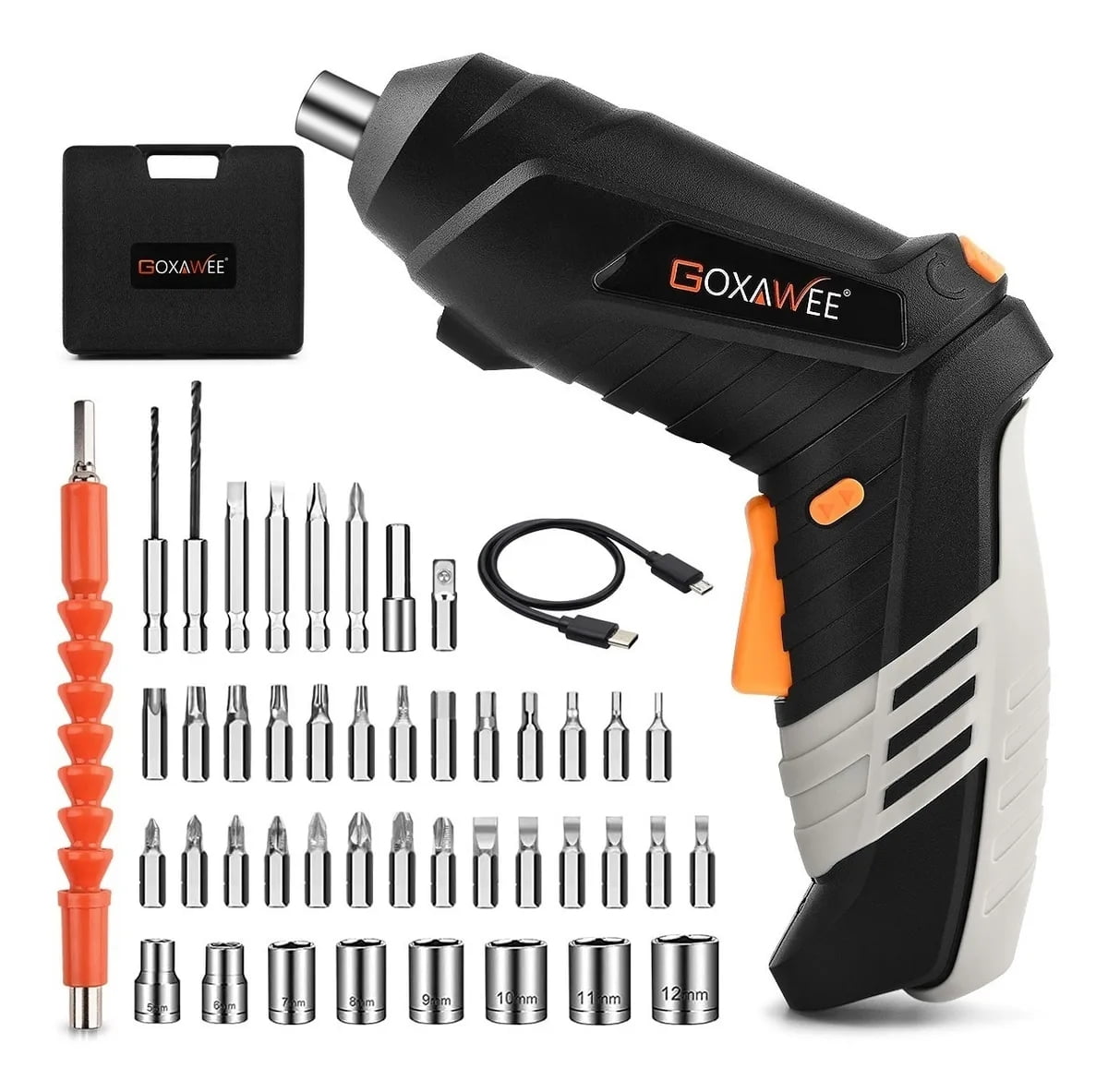 GOXAWEE Cordless Electric Screwdriver with Pivoting Handle, LED Light and 46pcs Bit Set, 3.7V