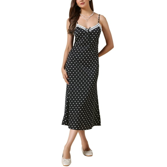 Polka Dots Dress for Women Summer Sleeveless V Neck Spaghetti Straps Maxi Dresses S Black