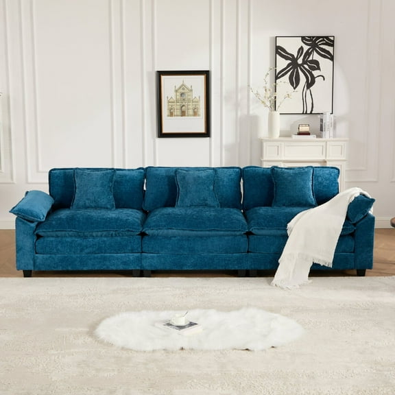 Modern Sectional Sofa Couch with Wider Armrest, Breathable Chenille Fabric 3 Seats Comfy Modular Couch with Double Layer Upholstered Seat Cushion for Living Room Bedroom, Apartment, Blue