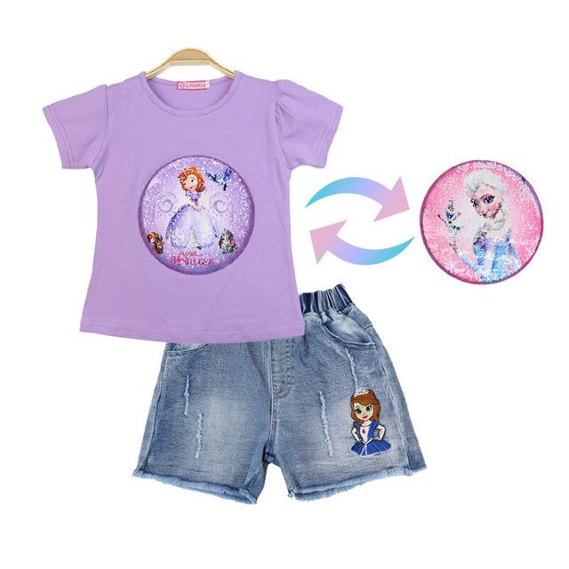 Algodón Disney Niñas Trajes manga corta dibujos animados Frozen Elsa verano niños Jeans Shorts ropa conjunto niños traje ropa Sofia7T Gao Jinjia LED