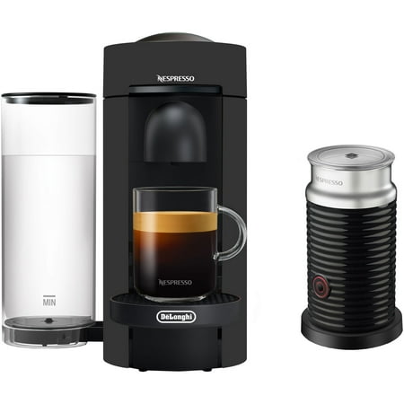 De'Longhi Nespresso VertuoPlus Coffee & Espresso Single-Serve Machine in Black Matte and Aeroccino Milk Frothier in Black