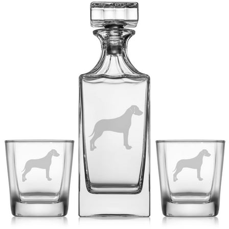 Whiskey Decanter Gift Set With 2 Whiskey Old Fashioned Rocks Glasses Rhodesian Ridgeback