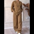 thumbnail image 4 of Conjunto de 2 Piezas de y Algodón para Mujer, con Cuello en V, Camisa de Larga Abotonada y Pantalón con Bolsillos Caqui L, 4 of 7