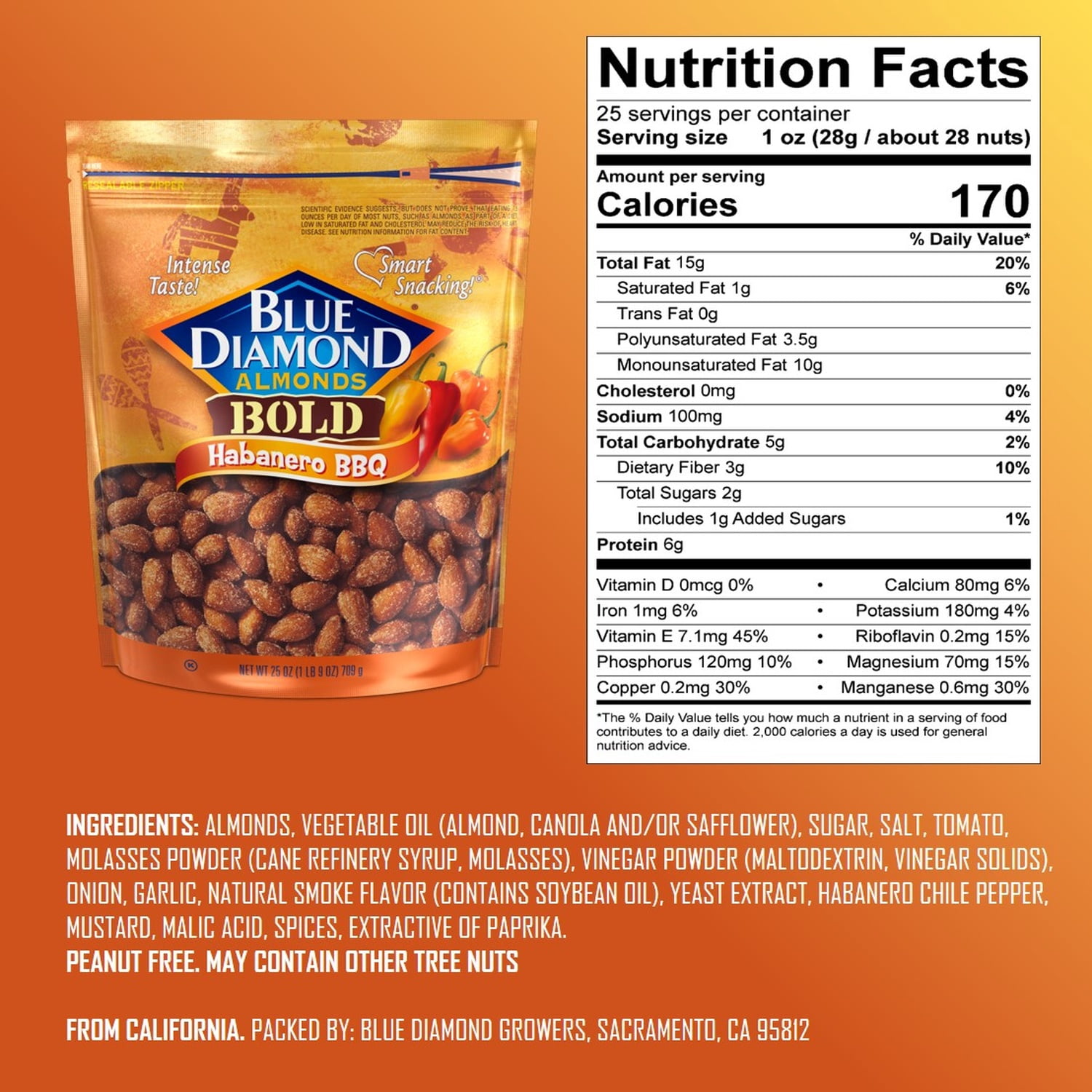 Blue Diamond Almonds, Bold Habanero BBQ Flavored Snack Nuts, 25 oz Resealable Bag
