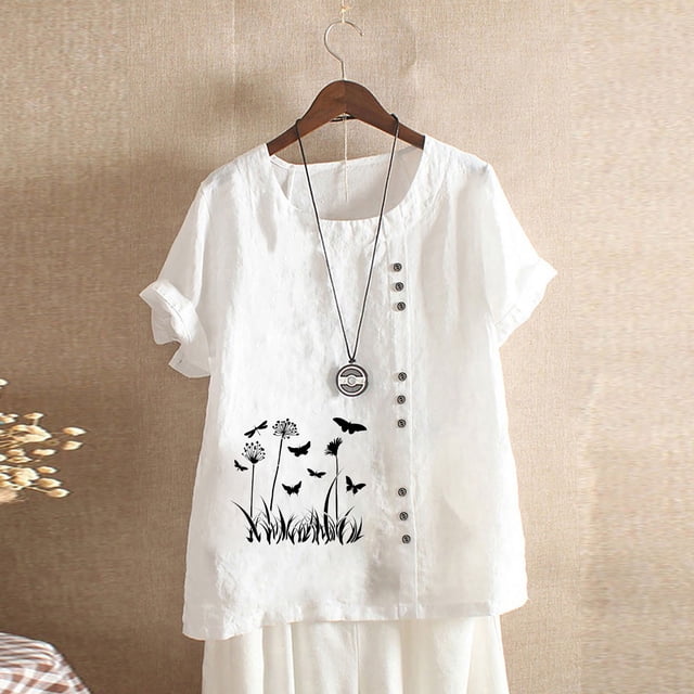Babysbule Hauts pour Femmes en Liquidation Mode Été Ample Imprimé Col Rond T-Shirt Manches Courtes Blouse Décontractée