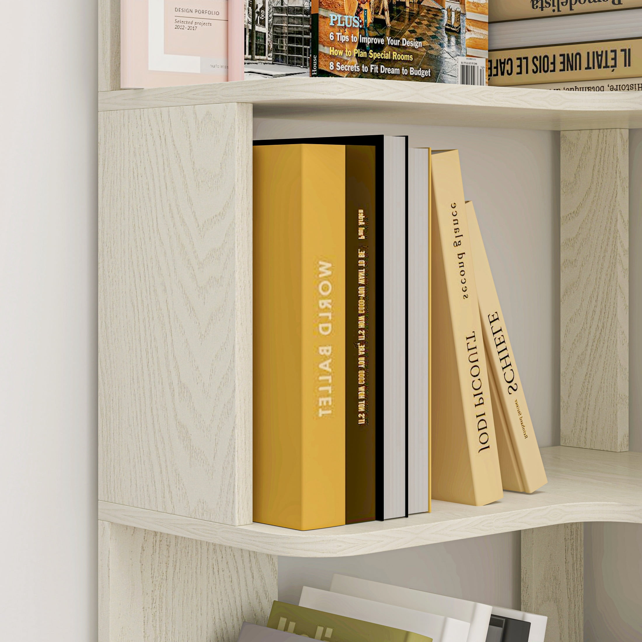GDF Studio Derwin 5-Tier Corner Bookshelf, L-Shaped Wooden Bookcase for Living Room, Home Office, White Oak