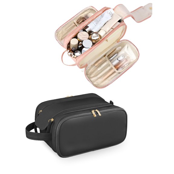 TSV Travel Toiletry Bag, PU Leather Triple-layer Double Zipper Makeup Organizer with Handle, Black/Pink