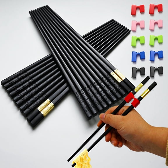 Reusable Chopsticks for Beginner- Fiberglass Training Chop sticks Helpers Set, 10 Pairs Non-Slip Black Chopsticks With Helper, Pretty Classic Style Chop Sticks Dishwasher Safe 9.45Inch