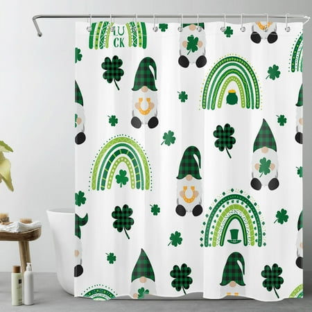 HVEST St. Patrick's Day Shower Curtain for Bathroom,Funny Gnome and lrish Lucky Rainbow Clover on White Fabric Shower Curtain with Hooks,Spring holiday Bathroom Curtains Shower Set, 60x72 inches