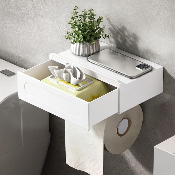 Porta Rollos Papel de Baño, 3 En 1 Portarollos Higienico con cajón, Acero Inoxidable de Pared, Sin Taladro Fácil Instalación, Apto para Baño Balcón (Blanco)