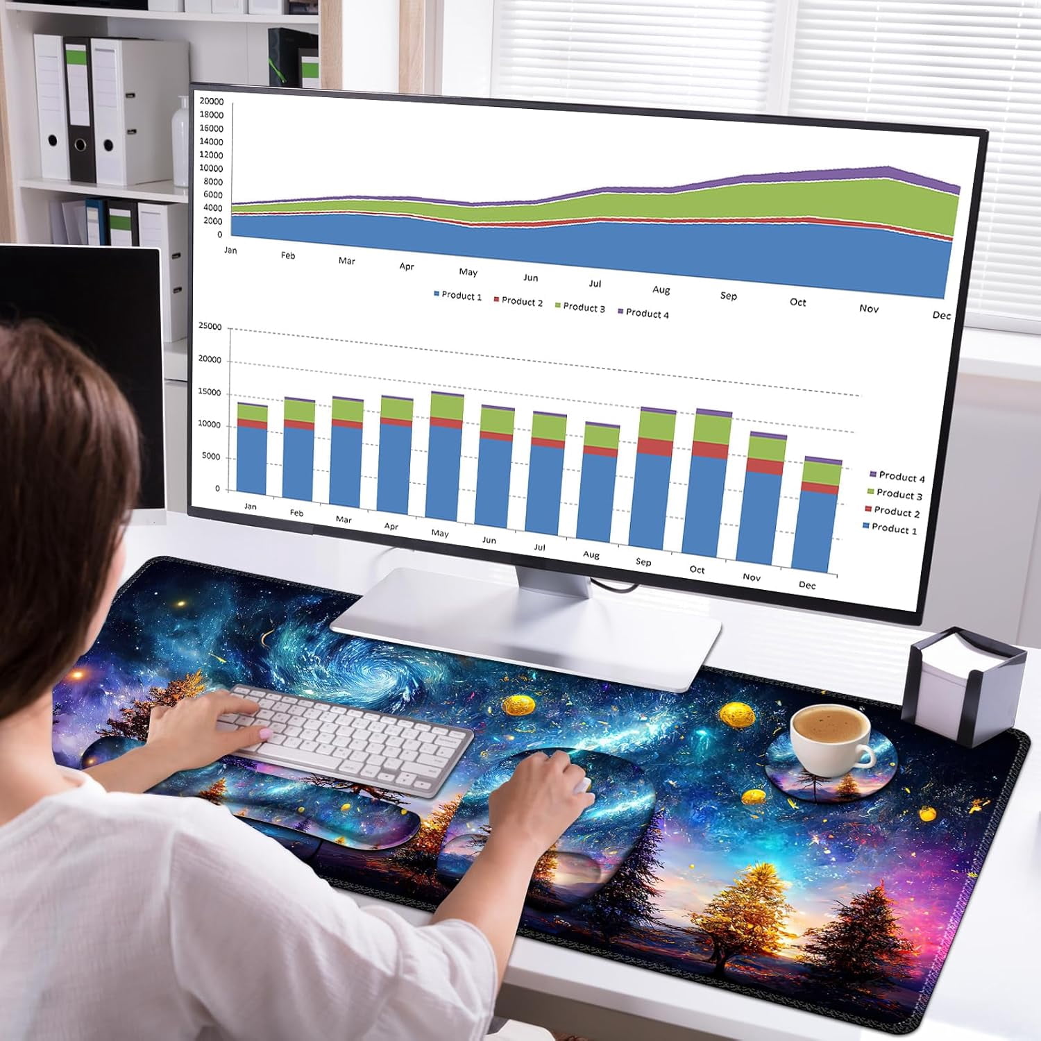 4 in 1 Large Mouse Pad, Keyboard Wrist Rest Set, Ergonomic, Non-slip, Waterproof, Colorful World