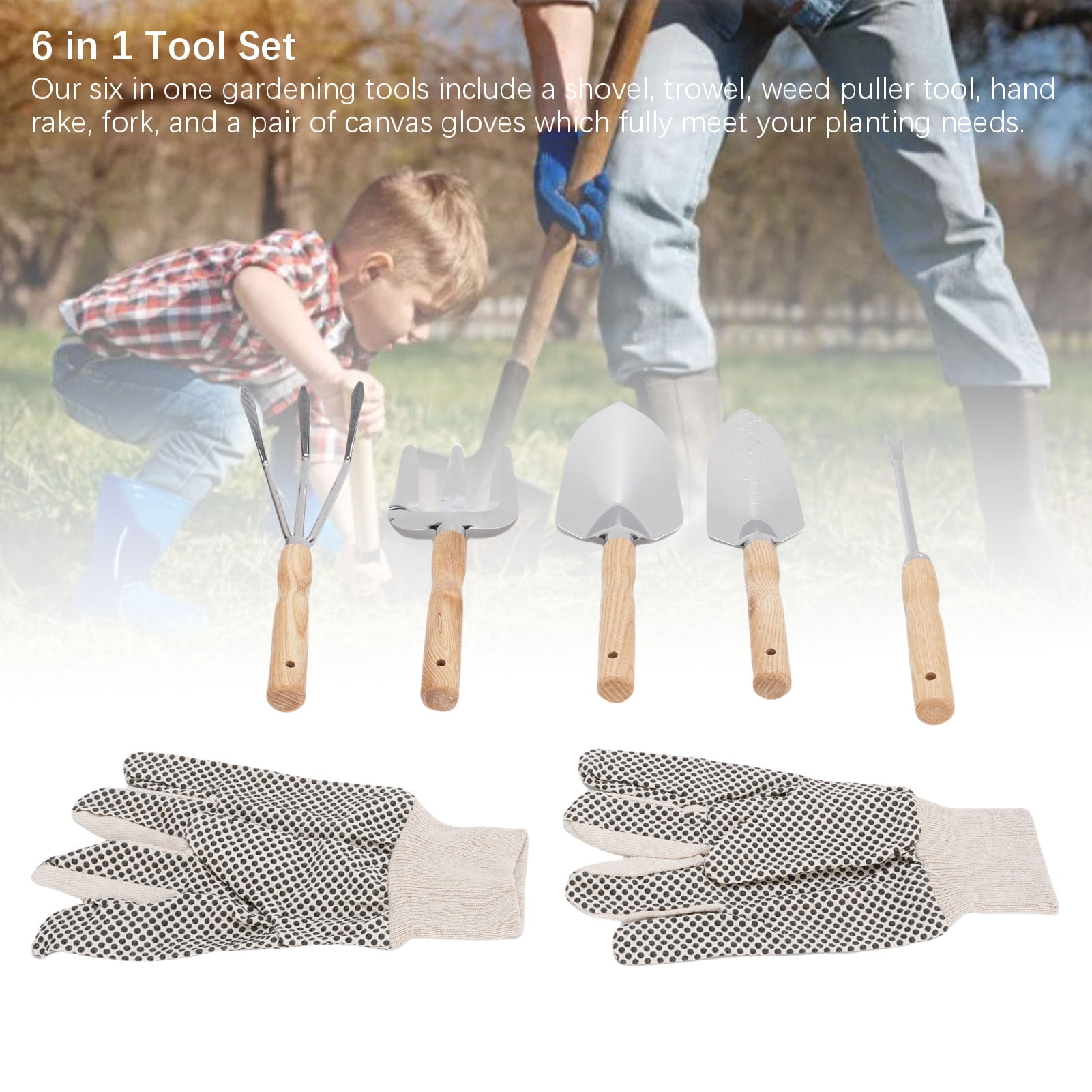 NFTIGB 7-Piece Garden Tools Set with Wooden Handle, Stainless Steel Shovel, Trowel, Weed Puller, Hand Fork, Rake and Canvas Gloves for Vegetable Flower Planting (12.6 in / 32 cm)