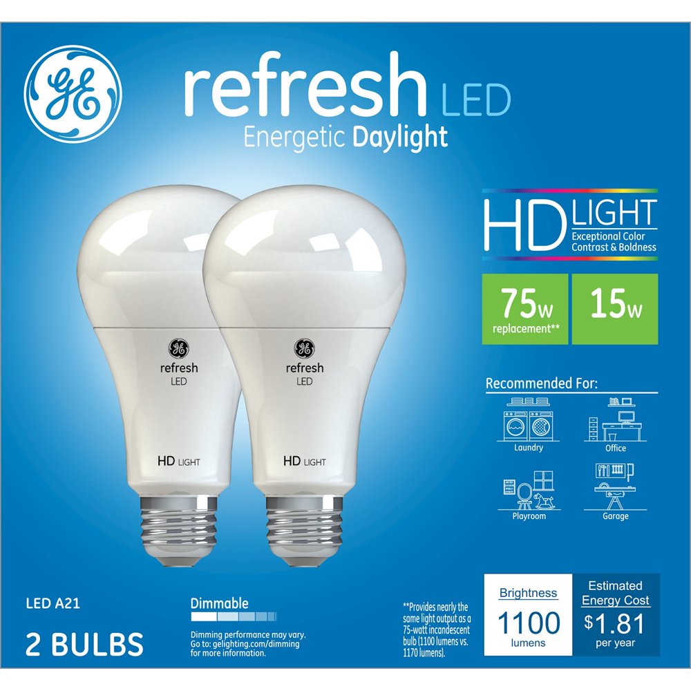 G E LIGHTING Refresh HD LED Light Bults, Daylight, 1100 Lumens, 15Watt