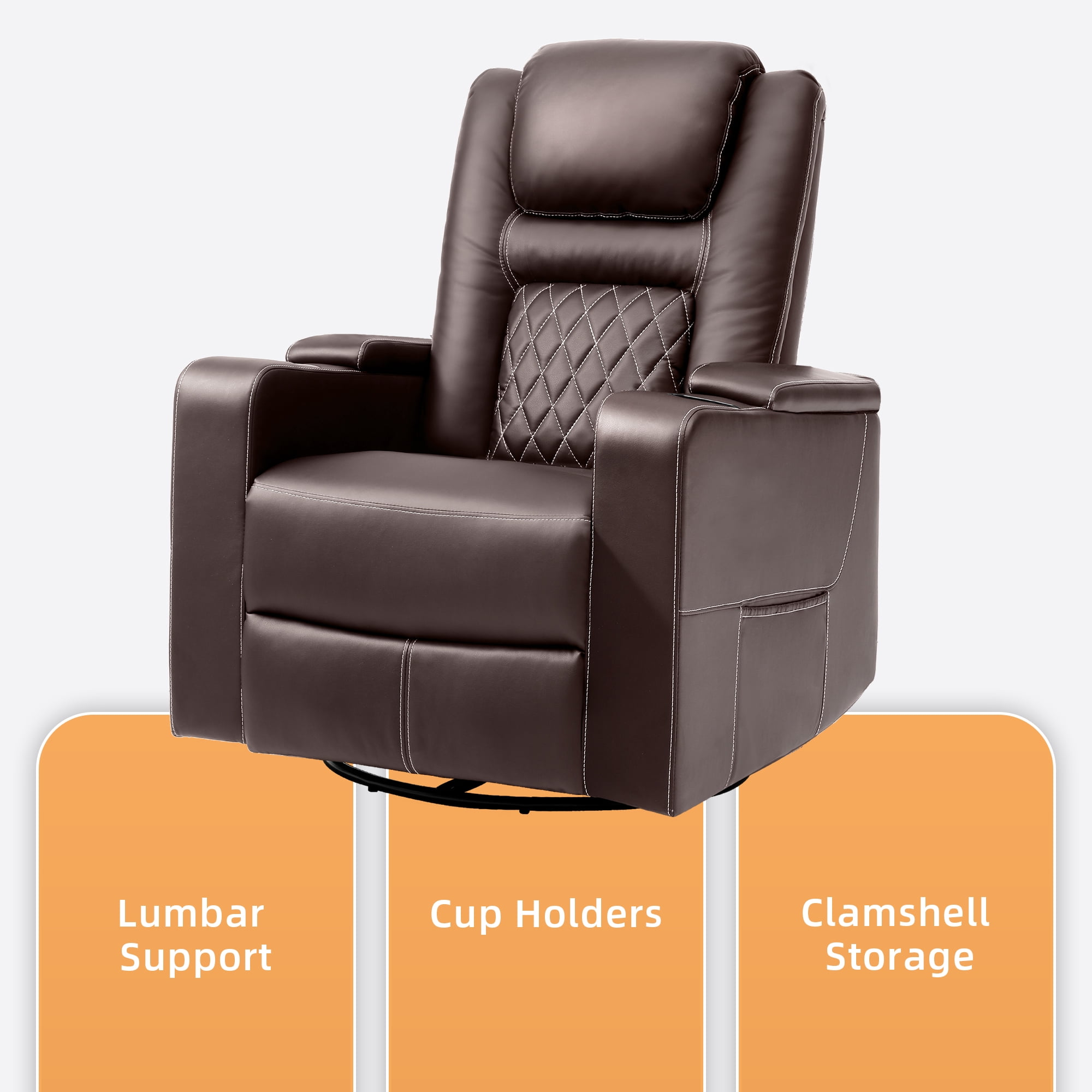 Dextrus Rotating Rocker Recliner with Heat and Massage, Concealed Armrest Storage, Faux Leather Rocking Chair with Drink Holders, Comfortable Cinema Seating, Manual Lounge Chair, Brown