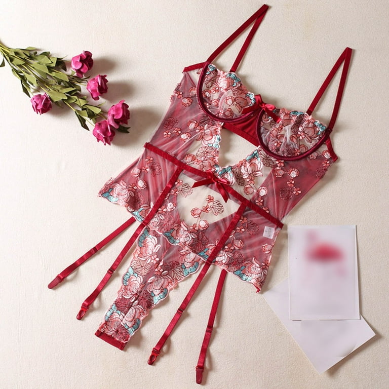 XZHGS Women's Lingerie Women Lace Mesh Floral Embroidery See Through Strap  Lingerie Jumpsuit Women underwear and Bra Matching Set Womens Lingeries