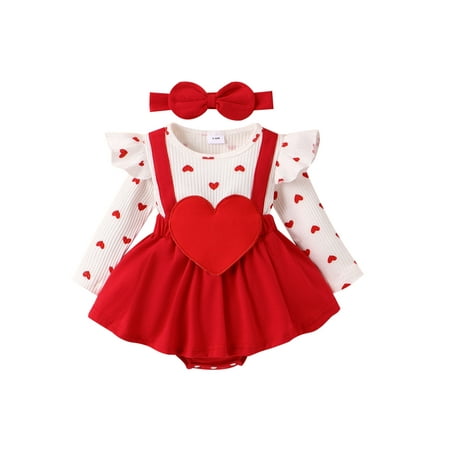 

Qiylii Baby Girls Valentine s Day Romper Dresses 0 3 6 9 12 18 Months Long Sleeve Ruffle Heart Letter Print Bodysuit with Headband