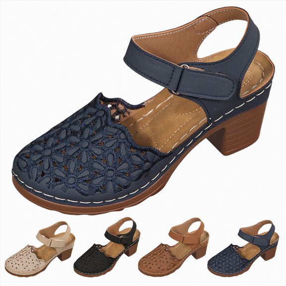 Women's Low Block Chunky Sandals Flowers Hollow out Comfortable Close Toe Ankle Strap Party Dress Pumps Strappy Buckle Heeled Shoes Blue Size 7