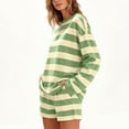 thumbnail image 4 of sdhkgrrt Women's 2 Piece Matching Lounge Set Soft Long Sleeve Round Neck Pullover Tops Drawstring Waist Shorts Striped Loose Casual Outfits Fall Tracksuit Clothing , Green S, 4 of 6