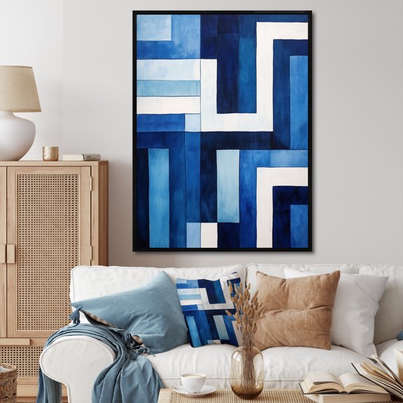 Designart "Sapphire Symmetry In Blue And White" Abstract Shapes Floater Framed Wall Decor