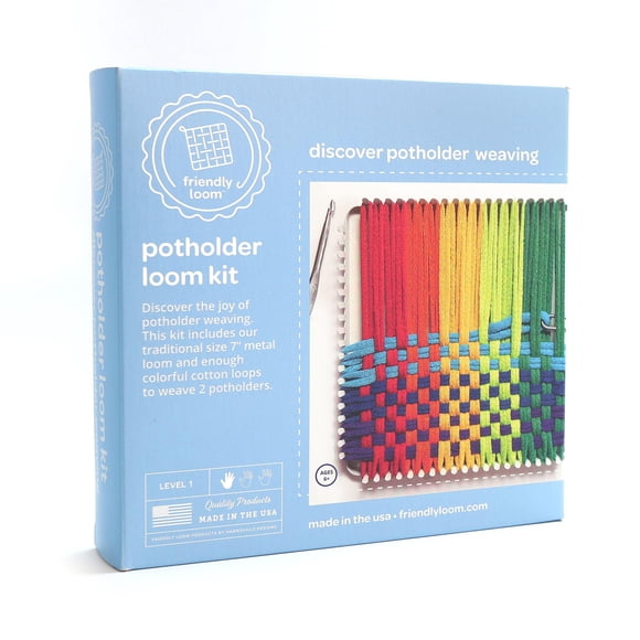 Friendly Loom Kit De Agarraderas De 7 Pulgadas Telar De Metal Verde Y Lazos De Algodón De Colores Brillantes Del Arco Iris Hace 2 Agarraderas Hecho En Los Ee. Uu. Por Harrisville Designs.