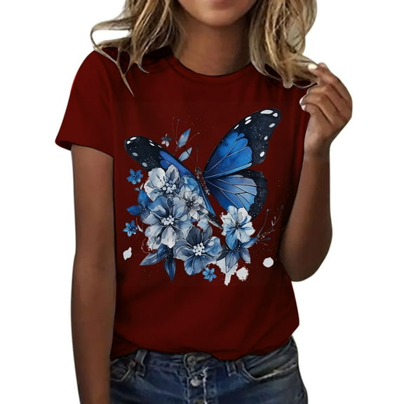 TYGHBN Womens Fashionable Printed Round Neck Short Sleeved Sports Casual T Shirt Long Sleeve T Shirts for Women Women Top Pack of T Shirts Women Womens Top Running Tops Loose Fit Womens Summer Shirts