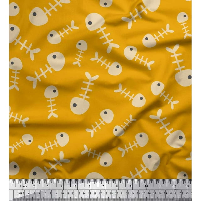 Soimoi Gold Rayon Fabric Fish Skeleton Ocean Printed Fabric 1 Yard 42 Inch Wide