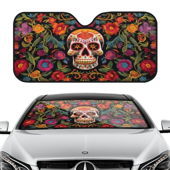Car Windshield Sun Shade, 51x28 Inch UV Protection Sun Visor for Front Window, Fits Cars & SUVs-skull surrounded by colorful Mexican floral patterns