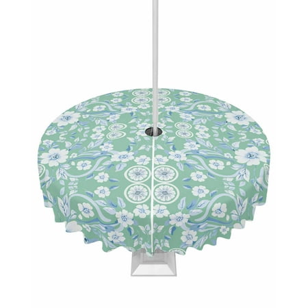 Fsddascl Light Green Blue Floral Outdoor Tablecloth - 54 Inch Round Dining Table Cover Vintage Pastoral Botanical Waterproof Outdoor Table Cloth with Umbrella Hole & Zipper for Picnic/Patio/Party