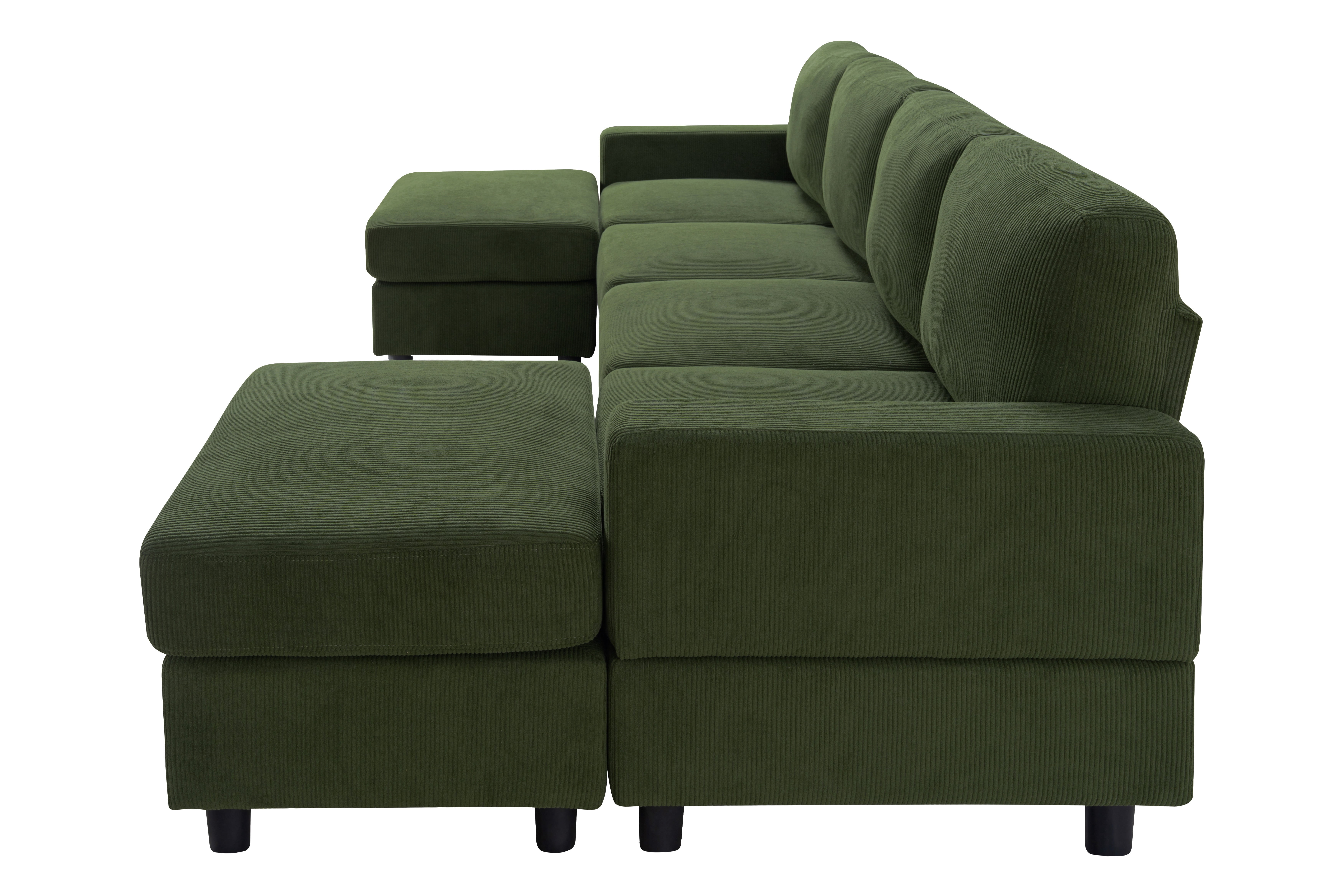 98.8 Inch Oversized U-Shaped Sectional Couch, Corduroy Upholstered 4-Seat Double Chaise Sofa with Thick Padding and Solid Plastic Legs for Living Room Family Room, Green