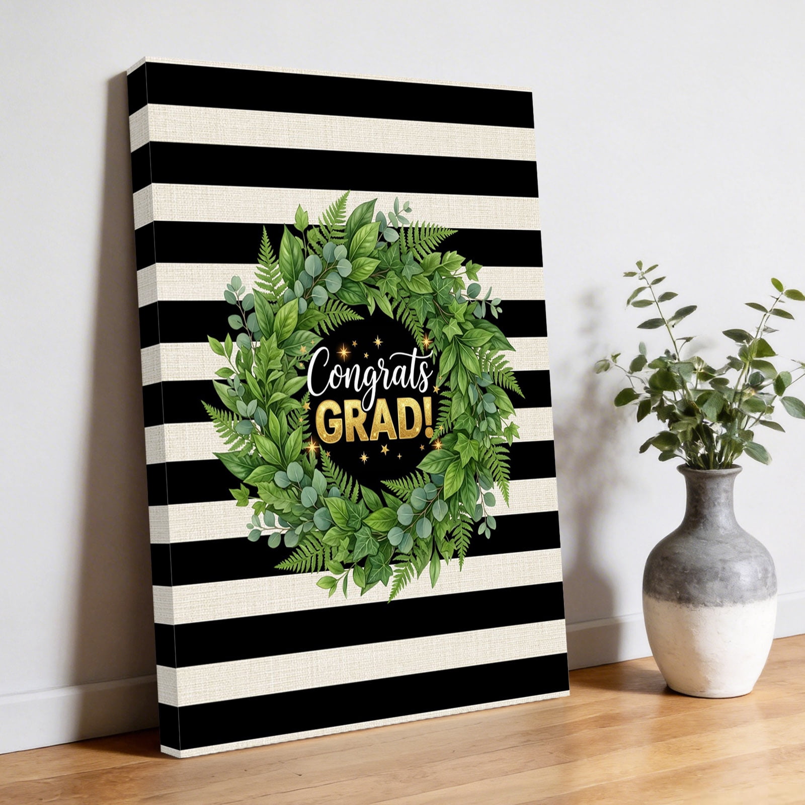 Graduate Season Canvas Wall Art for Living Room, Congrats Grad Bachelor's Cap Leaf Wreath Black Stripes Wall Decor Framed Artwork Pictures Ready to Hang for Bedroom Office Home Decor