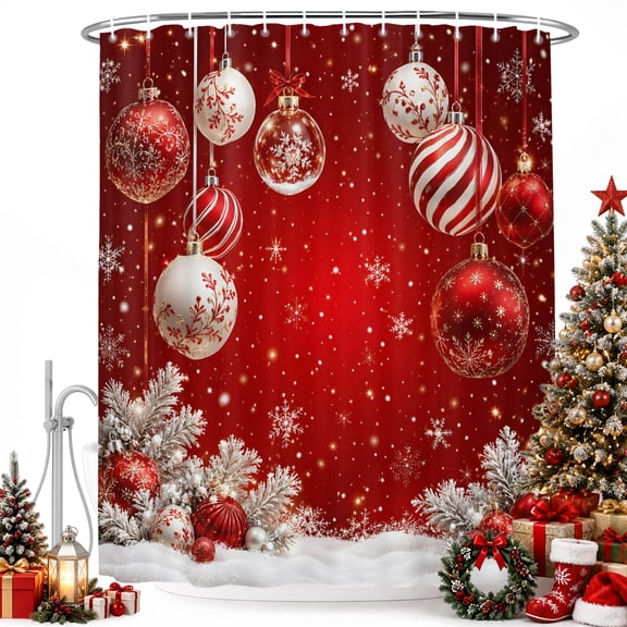Shower Curtain Bathroom Set Christmas Red Light Balls Baubles Waterproof Fabric Shower Curtains with Grommets&Hooks, Winter Snowflake Pine Branch Privacy Bath Curtain for Bathtub 36x72in