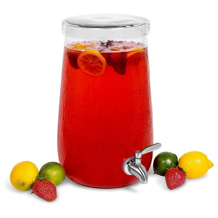 Exlonjet 1.5 Gallon Hammered Glass Beverage Dispenser with Lid - Stainless Steel Spigot - Decorative Round Jar for Drinks - Lemonade Sangria Tea Water Drink Jar Jug - Home Parties