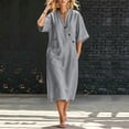 thumbnail image 5 of Ovbmpzd Summer Long Boho Beach Dresses for Women Loose Linen Sundresses Gray Short Sleeves V-Neck T-Shirt Dresses With Pockets,XL, 5 of 6