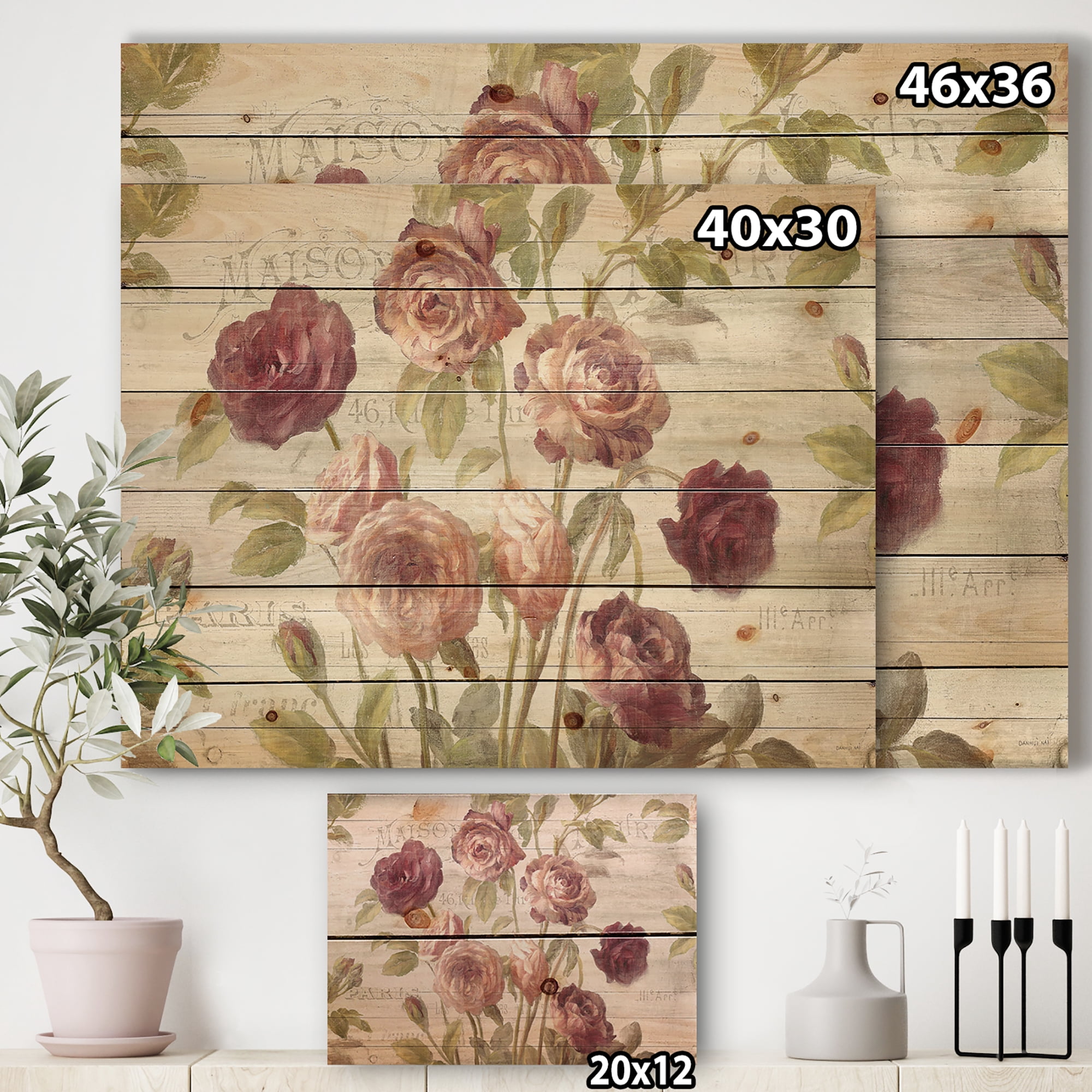 Designart 'French Red Roses I' Farmhouse Print on Natural Pine Wood