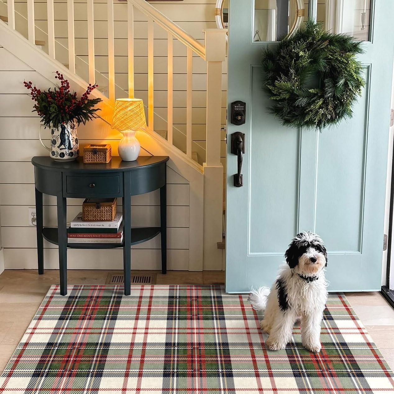 Christmas 3x5 Entry Rug - Small Washable Indoor Outdoor Mats for Front Door Non-Slip Porch Rug Holiday Tartan Plaid Throw Rugs for Living Room Bedroom Entryway Kitchen Office Porch Decor